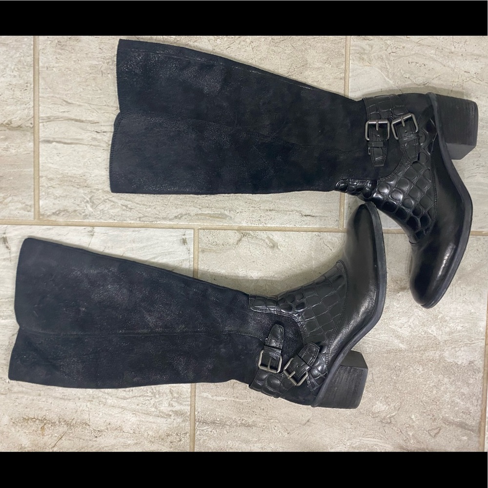 Donald J. Pliner Black Dulce Embossed High Buckles Moto Boots (8.5M)